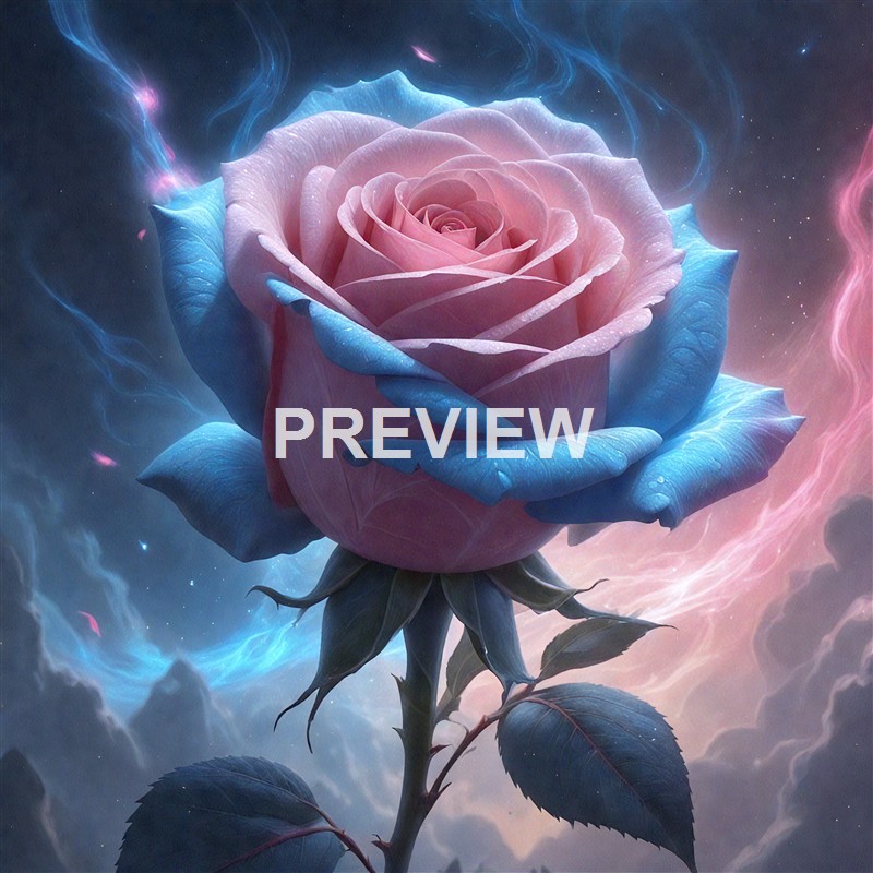 A digitally created image of a pink and blue rose with a cosmic background that includes swirling clouds and star-like specks.